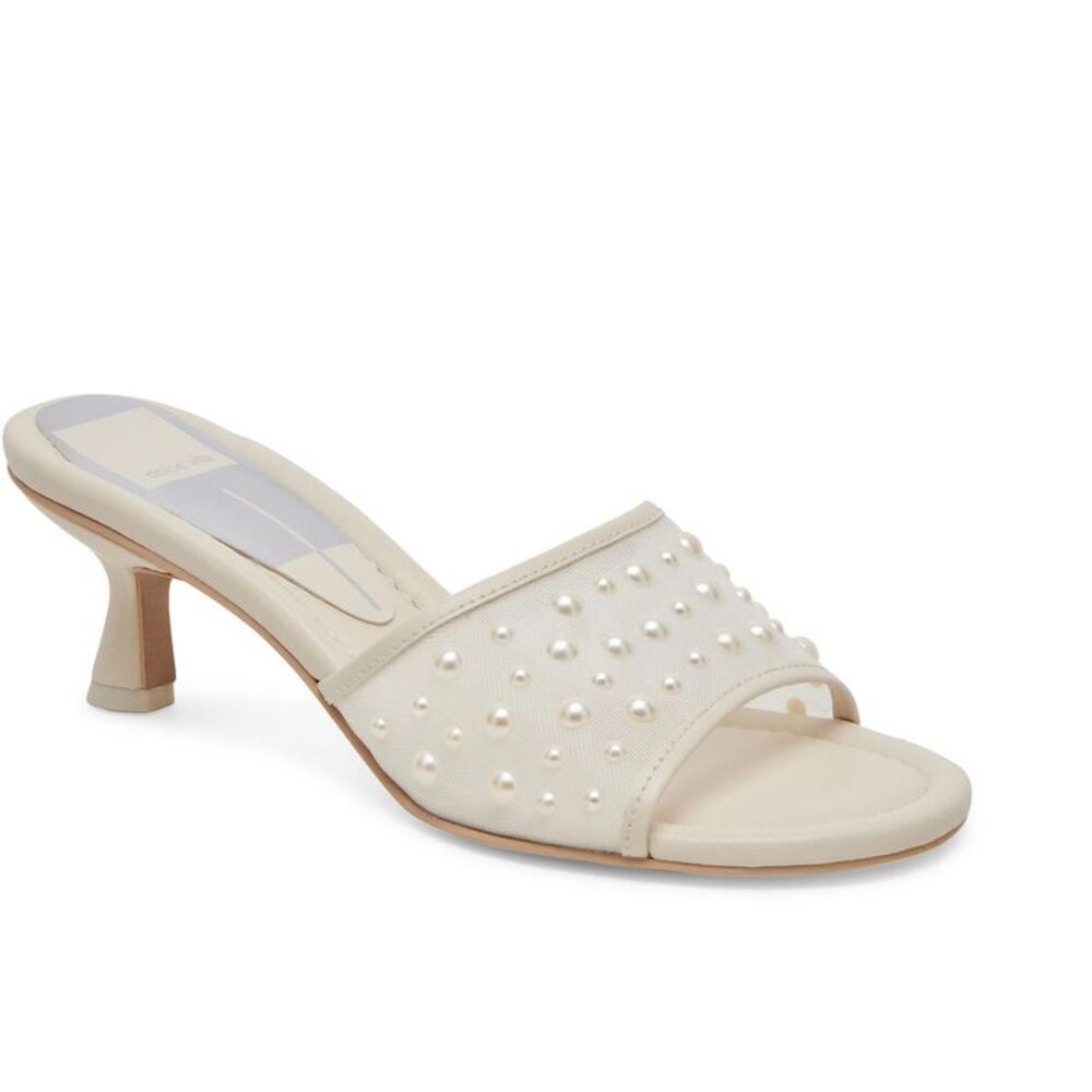 Dolce Vita Pearl-Embellished Cream Slide Sandal